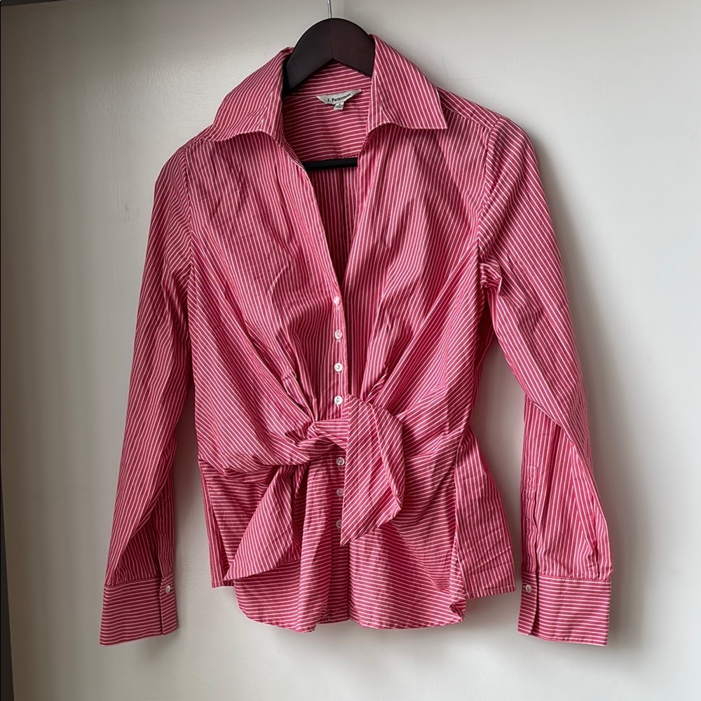 J. Peterman Red Pinstripe Wrap Blouse – Size 8